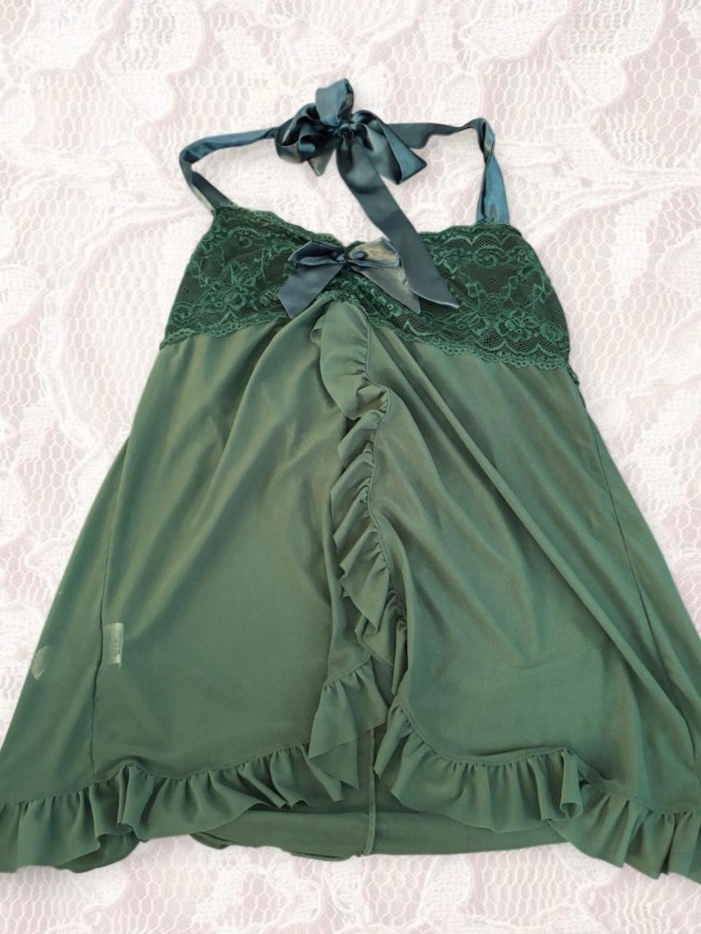 Satin & Lace Halter Chemise Nightgown in Forest Green